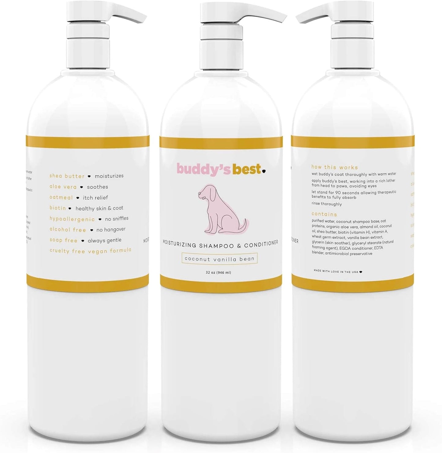 Oatmeal Dog Shampoo and Conditioner for Sensitive Skin - Moisturizing Coconut Vanilla Bean Scented Wash for Dogs, 32 oz