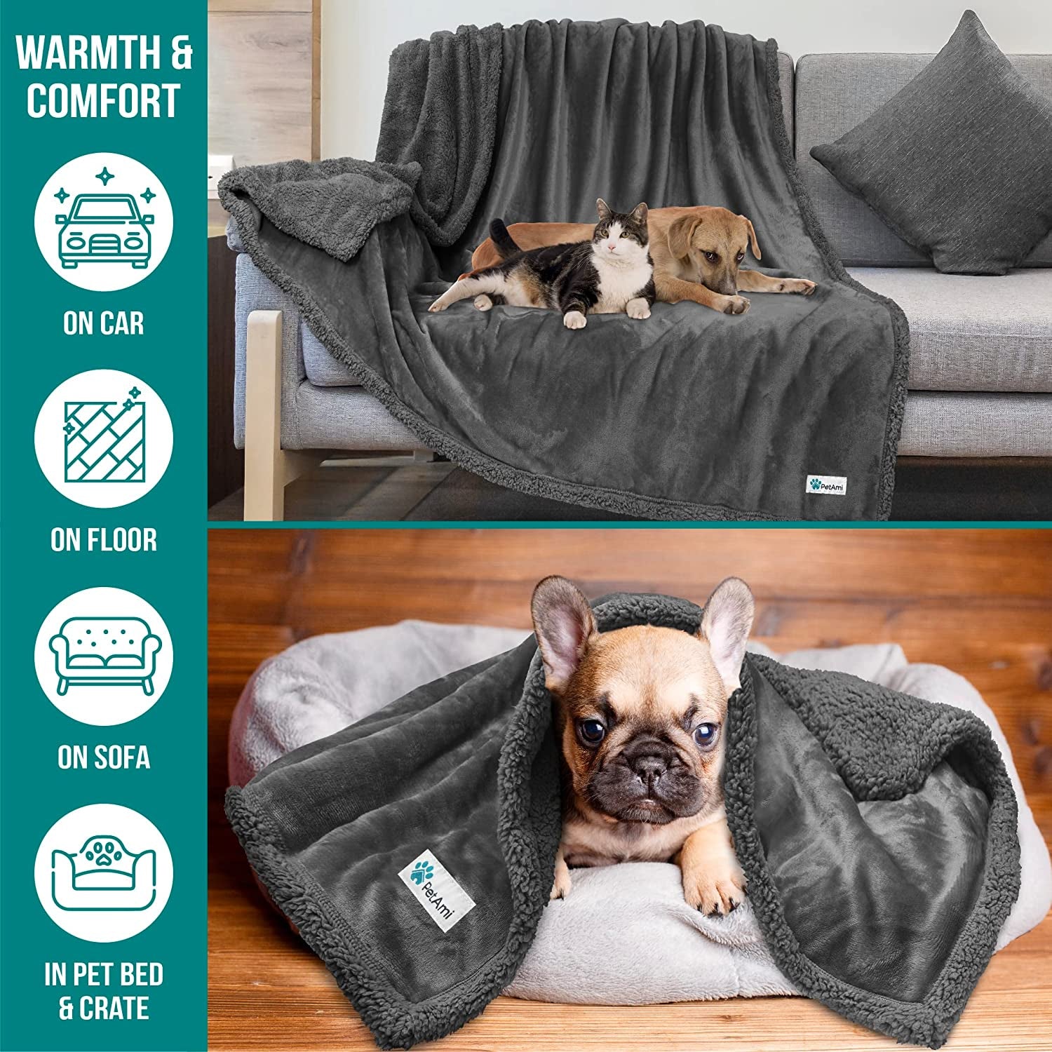 Extra Large Dog Blanket, Soft Reversible Fleece and Sherpa Cover for Furniture, Car, and Kennel, Washable Plush Throw in Solid Dark Gray, 60" x 80
