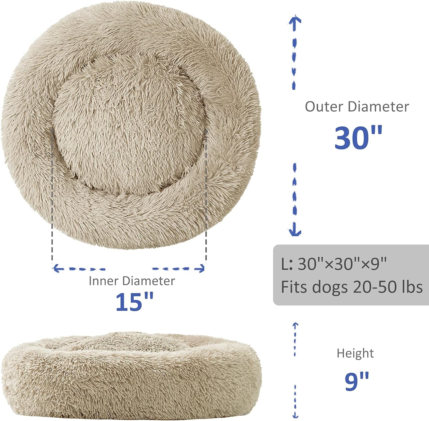 Large Washable Donut Dog Bed - Comfortable Calming Cuddler for Pets
